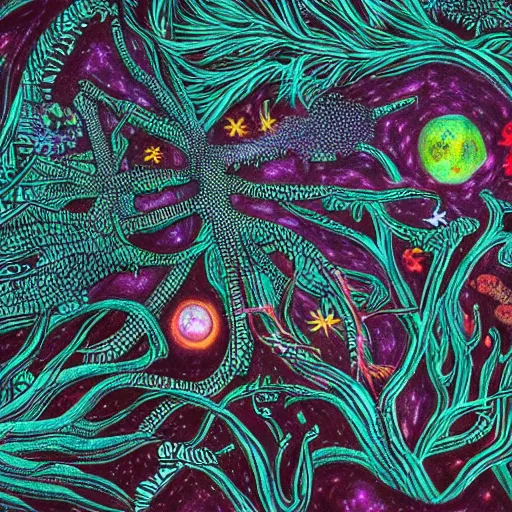 Prompt: a magical garden eden coral reef on an alien ship, branched and complex illustration on black paper