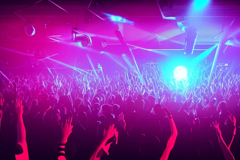 Prompt: dj on stage with raised hands looking over crowd partying with their hands up at a club, volumetric lighting, haze, moving heads light beams, spot lights, disco ball, silhouette, digital art, trending on artstation, 4k, unreal engine, intricate, ornate