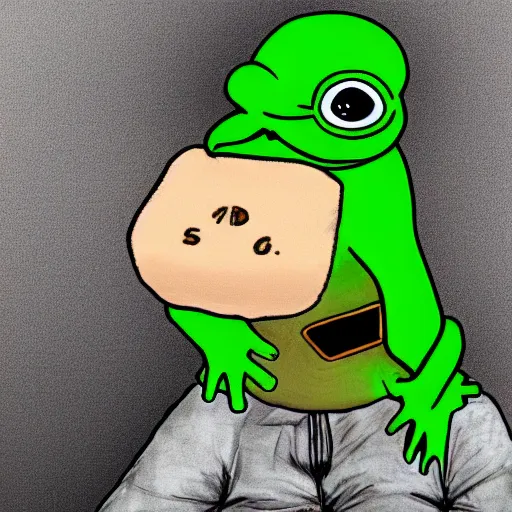 Image similar to pepe the frog head from 4chan on the body of a cartoon dog wearing a leather jacket and jeans