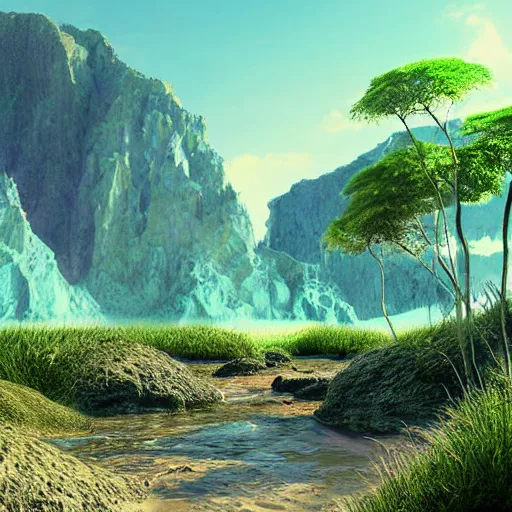 Prompt: digital art of a lush natural scene on an alien planet by dangiuz. extremely detailed render. beautiful landscape. weird vegetation. cliffs and water.