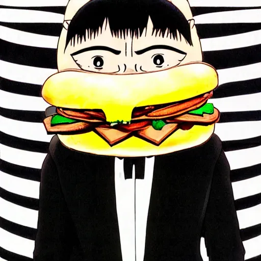 Prompt: man in tux with a giant cheeseburger head by junji ito