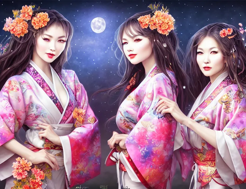 Image similar to two beautiful alluring siberian girls wear fantasy kimono in festival | | sunny night, full moon, dreamlike art, realistic shaded, smile, good looking, hyper details, 4 k realistic, cryengine, realistic shaded lighting poster by artgerm, ross tran, fuji choko, 8 k resolution, trending on artstation, luxury