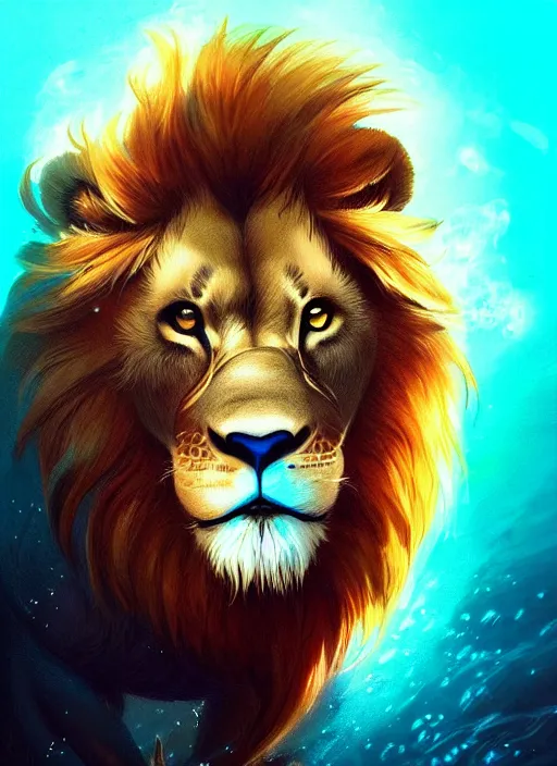 Image similar to award winning beautiful portrait commission of a male furry anthro lion swimming in a beautiful neon bioluminescent sea with beautiful attractive detailed furry face wearing swimmers. Character design by charlie bowater, ross tran, artgerm, and makoto shinkai, detailed, inked, western comic book art