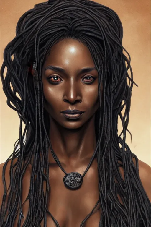 Image similar to ancient black woman crone with long scraggly hair wearing rags, character portrait wearing black silk looking over one shoulder, concept art, intricate details, highly detailed photorealistic portrait in the style of adam hughes, seseon yoon, artgerm and warren louw