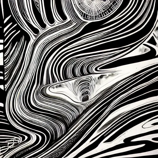 Prompt: abstract black and white concept art graphic painting illustrating diffusion process, overcomplicated, math inspired, hyper detailed, psychodelic, creepy