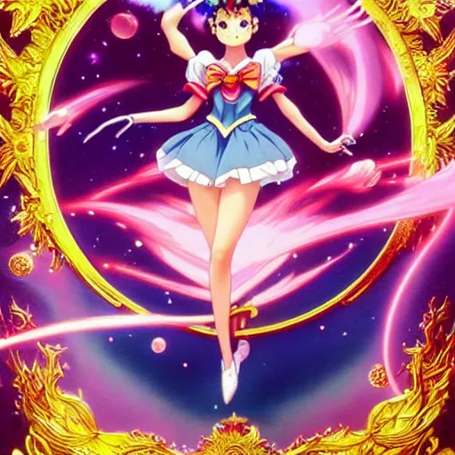 Image similar to highly detailed vfx portrait of sailor moon!!! by eiichiro oda!, stephen bliss, greg rutkowski, loish, rhads, beeple, makoto shinkai, tom bagshaw, alphonse mucha, sharp focus, art by artgerm and greg rutkowski, stanley kubrick, backlit, harsh overhead sunlight,