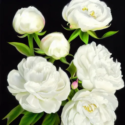 Prompt: white peonies and white roses on a black background photorealism