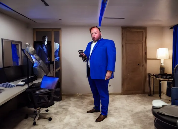 Image similar to dslr photo still of infowars host alex jones in a blue suit fat beard and mustache sitting depressed in a room filled to the ceiling with cell phones, 5 2 mm f 5. 6