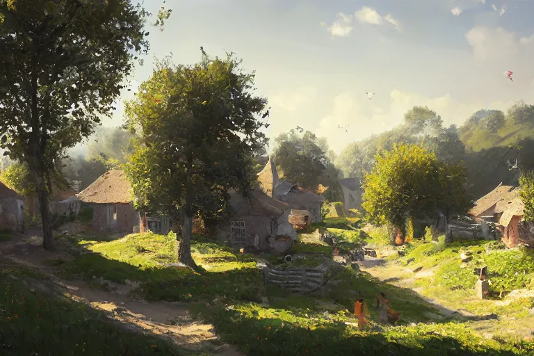 Prompt: a beautiful landscape of a tiny futuristic village in the french countryside during spring season, painting by lorenzo lanfranconi hd, nice spring afternoon lighting, smooth tiny details, soft and clear shadows, low contrast, perfect