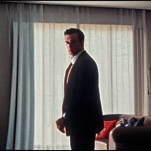 Prompt: film still Kevin O'Leary in his Lake Joseph house, in American Psycho