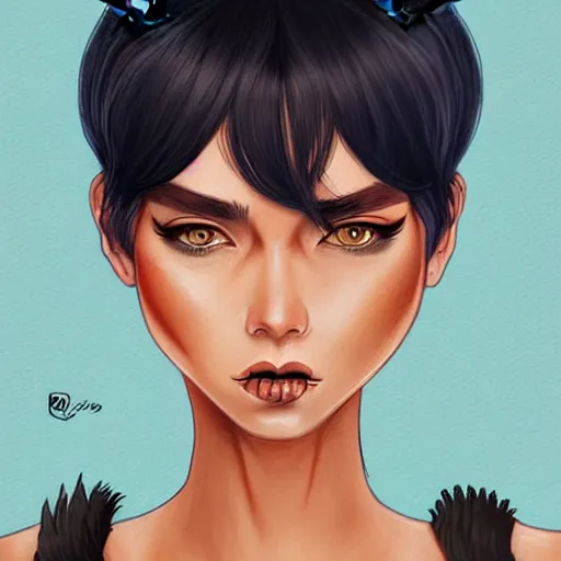 Image similar to illustrated realistic portrait of swept-back prong-horned devil woman with blue bob hairstyle and her tan colored skin and with solid black eyes wearing leather by rossdraws