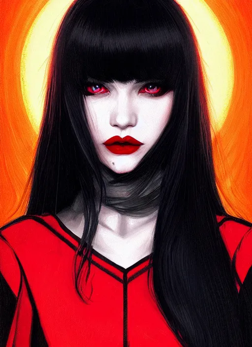 Image similar to portrait of vampire veronica lodge with bangs, vampire fangs, vampire, long hair, red clothes, bangs, vampironica, intricate, elegant, glowing lights, highly detailed, digital painting, artstation, concept art, smooth, sharp focus, illustration, art by wlop, mars ravelo and greg rutkowski