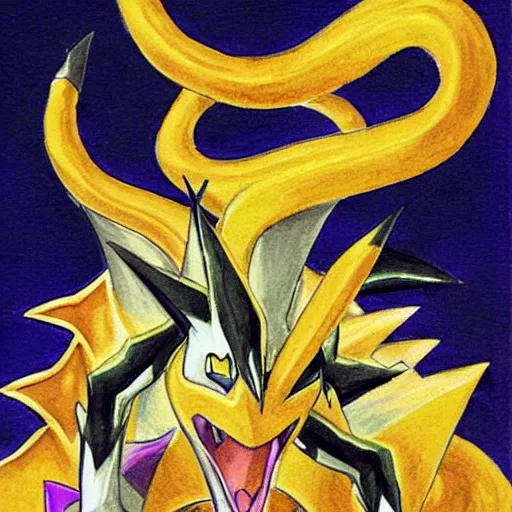 Prompt: arceus fused with giratina, art by Ken Sugimori