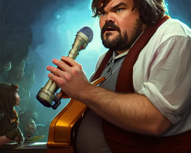 Prompt: photography of jack black singing the best song in the world in a microphone, deep focus, d & d, fantasy, intricate, elegant, highly detailed, digital painting, artstation, concept art, matte, sharp focus, illustration, hearthstone, art by artgerm and greg rutkowski and alphonse mucha