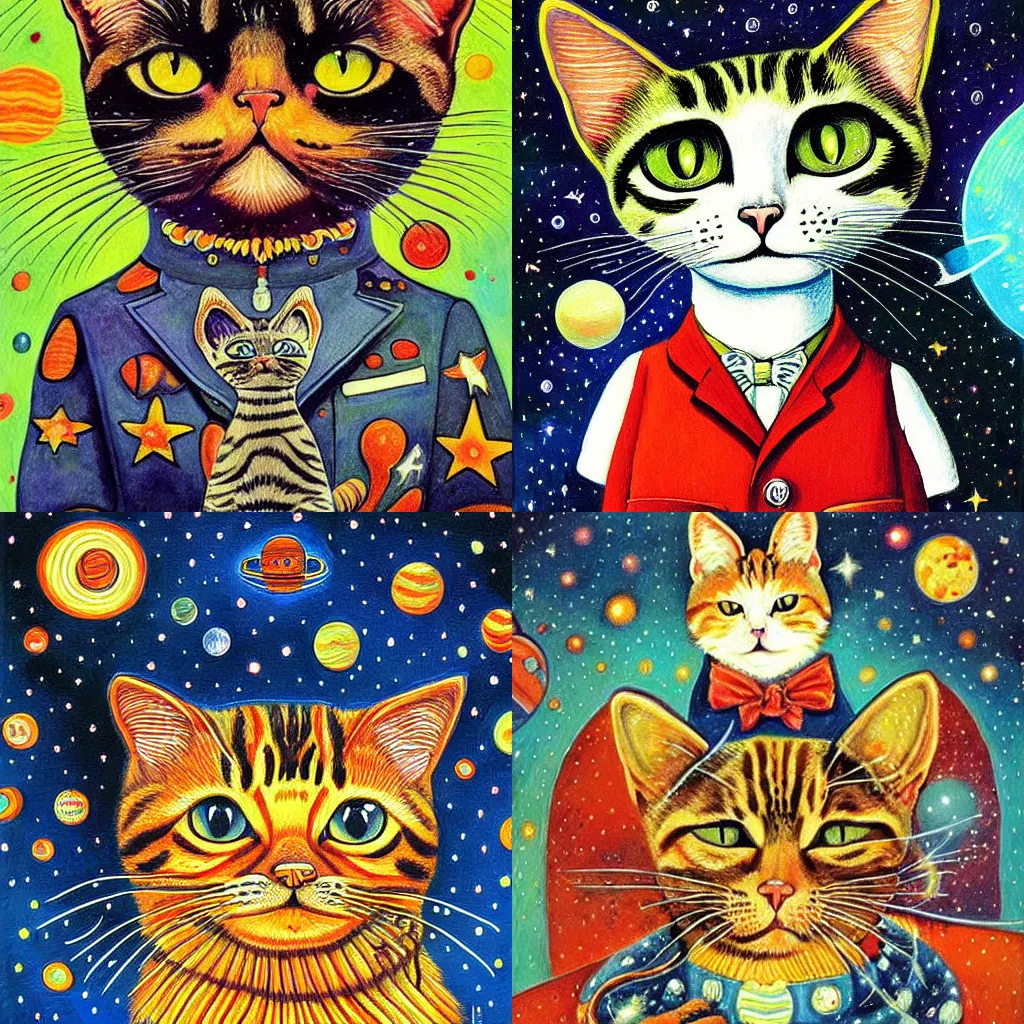 Prompt: A cat wearing an astronault suit Beautiful artwork detailed painting by Louis Wain by Greg Rutkowsky by Lisa Keene