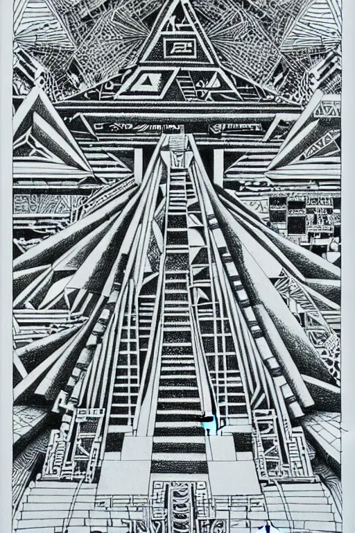 Image similar to a black and white drawing of a mayan temple, a detailed mixed media collage by hiroki tsukuda and eduardo paolozzi and moebius, intricate linework, sketchbook psychedelic doodle comic drawing, geometric, street art, polycount, deconstructivism, matte drawing, academic art, constructivism