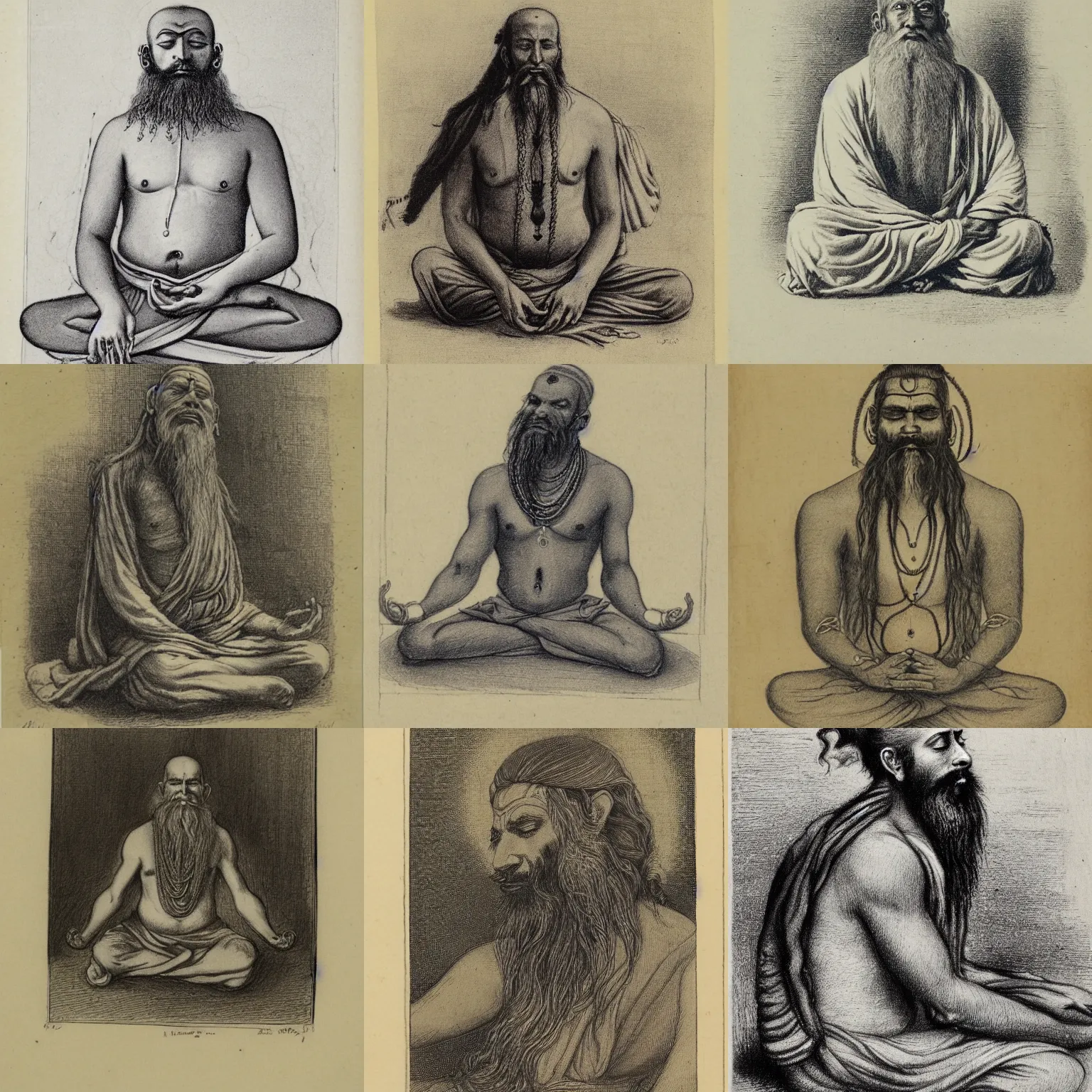 Prompt: sketch of a cool sadhu with a beard meditating, 3 / 4 portrait, etching by louis le breton, 1 8 6 9, 1 2 0 0 dpi scan