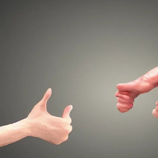 Prompt: Man pitted against his mortal enemy in a thumb war for the fate of reality. Digital art. Masterpiece. Trending on Artstation and CGsociety. World's greatest artistry. HDR. 4k. Amazing incredible awesome awe-struck fantastic intriguing. Creative use of colors. Fantastic lighting.