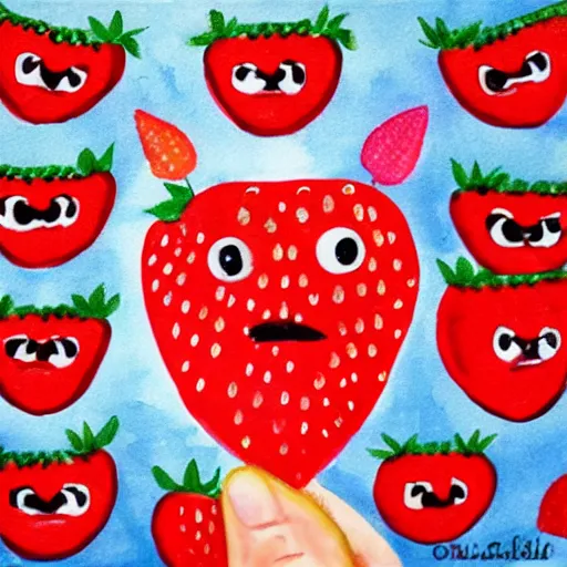 Image similar to a cute strawberry with two front teeth, holding a yellow toothbrush, in the style of debbie criswell