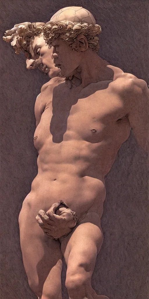 Image similar to Michelangelo\'s David, highly detailed, digital painting, artstation, concept art, smooth, sharp focus, illustration, ArtStation, art by artgerm and greg rutkowski and alphonse mucha and J. C. Leyendecker and Edmund Blair Leighton and Katsuhiro Otomo and Geof Darrow and Phil hale and Ashley wood and Ilya repin and Charlie Bowater