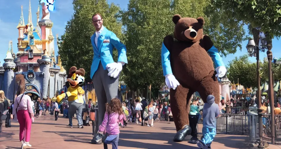 Image similar to disneyland in paris, with a giant bear with a suit