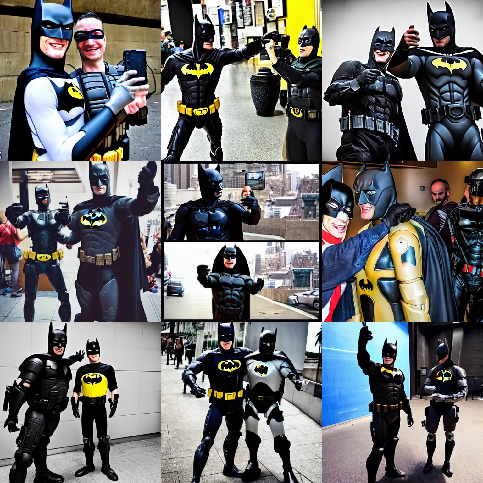 Prompt: Photography, A Batman taking a selfie with A Robocop, big smile