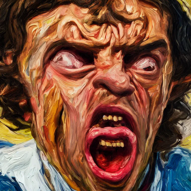 Prompt: warmly lit close up studio portrait of young angry!! screaming George Harrison age 23 furious!, impasto oil painting thick brushstrokes by Lucian Freud and Cy Twombly and Tim Hawkinson , trending on artstation dramatic lighting Expressionism