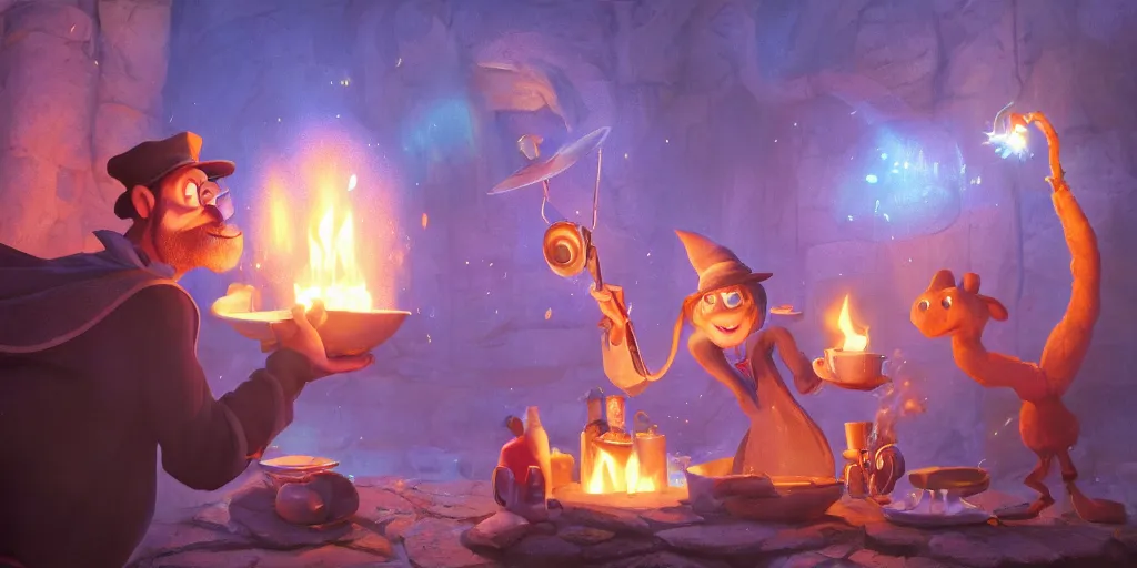 Image similar to a wholesome animation key shot of wizard with a hat coocking the magical brew that emmits sparklings in pot at fireplace, medium shot, pixar and disney animation, sharp, rendered in unreal engine 5, anime key art by greg rutkowski, bloom, dramatic lighting