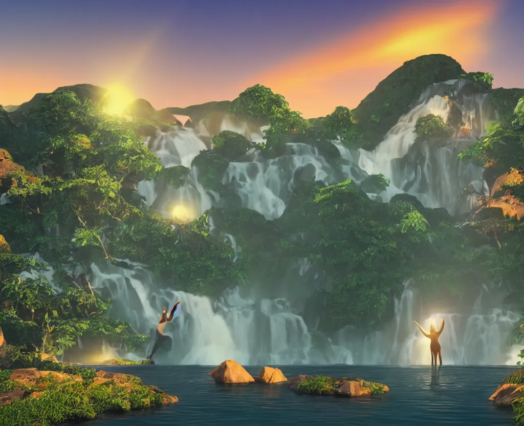 Image similar to a low-poly render of a big purple hand holding the orange setting sun on the ocean horizon. a green tinted transparent beckoning lady in front of a waterfall. a cream colored abandoned building featuring two statues and pitch black periphery. a prehistoric jungle scene with a mountain in the background.