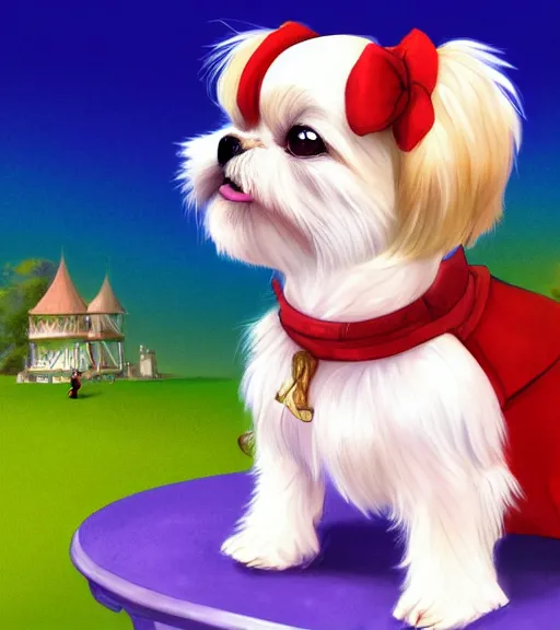 Prompt: small white shihtzu maltese mix dog on a merry go round smiling full color digital illustration in the style of don bluth, artgerm, artstation trending, 4 k