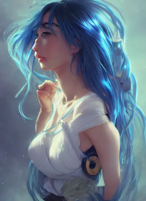 Prompt: stunningly beautiful female blue hair, dj sura face, fantasy art, dark light night, sharp focus, digital painting, 8 k, concept art, art by wlop, artgerm, greg rutkowski and alphonse mucha