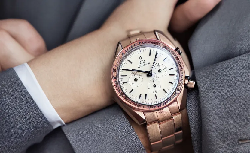 Image similar to omega speedmaster on the wrist of a lady with a wool suit