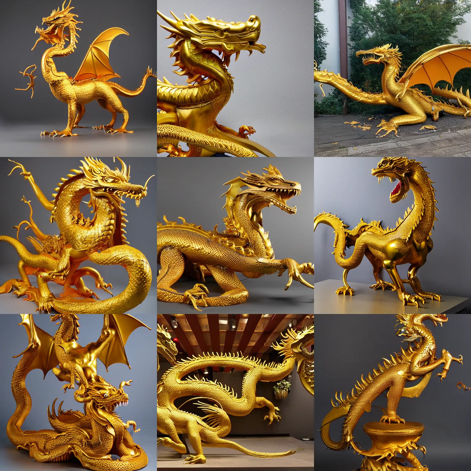 Prompt: a studio photo of a golden dragon statue made in spring and autumn period