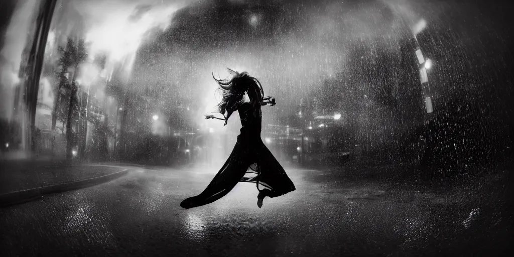 Image similar to fisheye lens slow motion with trail effect of futuristic beautiful break dancer wearing floating long dress emitting light, long exposure shot , at night in the middle of a rainy street, paddle of water, steam, fog, water splashes, rim lights, glossy reflections, water droplets on lens, octane render, dark and dramatic, cold and warm tones, explosion in the background, detailed and soft, fisheye lens, smooth, sharp focus, illustration, art by artgerm and greg rutkowski