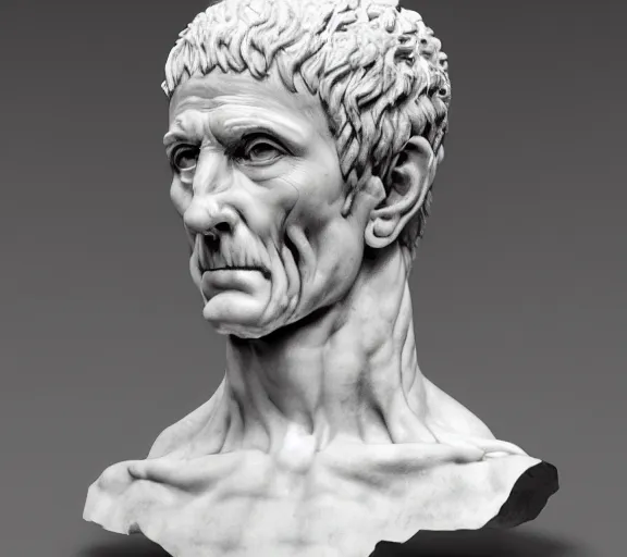 Image similar to a hyper-detailed marble status of Julius Ceasar by Michelangelo; anatomically correct; an extraordinary masterpiece!!!; proud posture; photorealistic eyes; trending on artstation; f/1.4; 90mm