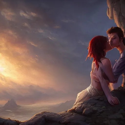 Image similar to a young couple hugging each other at sundown, D&D, fantasy, highly detailed, digital painting, trending on artstation, concept art, sharp focus, illustration, art by artgerm and greg rutkowski and magali villeneuve