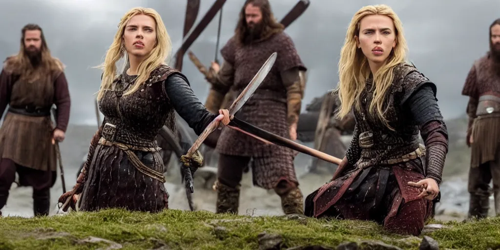 Prompt: Scarlett Johansson in a scene from the TV series Vikings