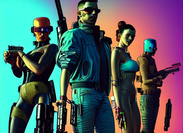 Image similar to cyberpunk gunslingers, gunmen, and bounty hunters. portrait by stonehouse and mœbius and will eisner and gil elvgren and pixar. character design. realistic proportions. cyberpunk 2 0 7 7 character art, blade runner 2 0 4 9 concept art. cel shading. attractive face. thick lines. the team. diverse characters. artstationhq.