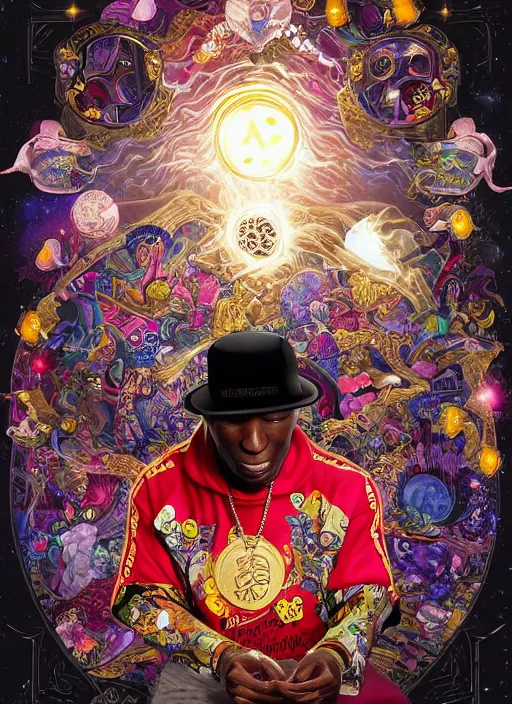 Prompt: grand master flash tippling his hat surrounded by starlight, moon behind, chinese fantasy, intricate complexity, elegant, hyper detailed, scattered diffusion, ultra definition, photoreal, artstation, unreal engine rendered, concept art, smooth, sharp focus, illustration, art by artgerm and pendleton ward and alphonse mucha and garis edelweiss