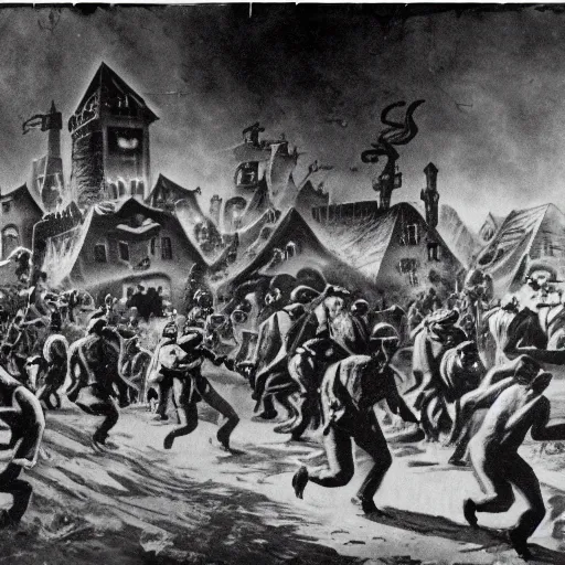 Prompt: Cthulhu attacking village, people running in panic, photo, 1920
