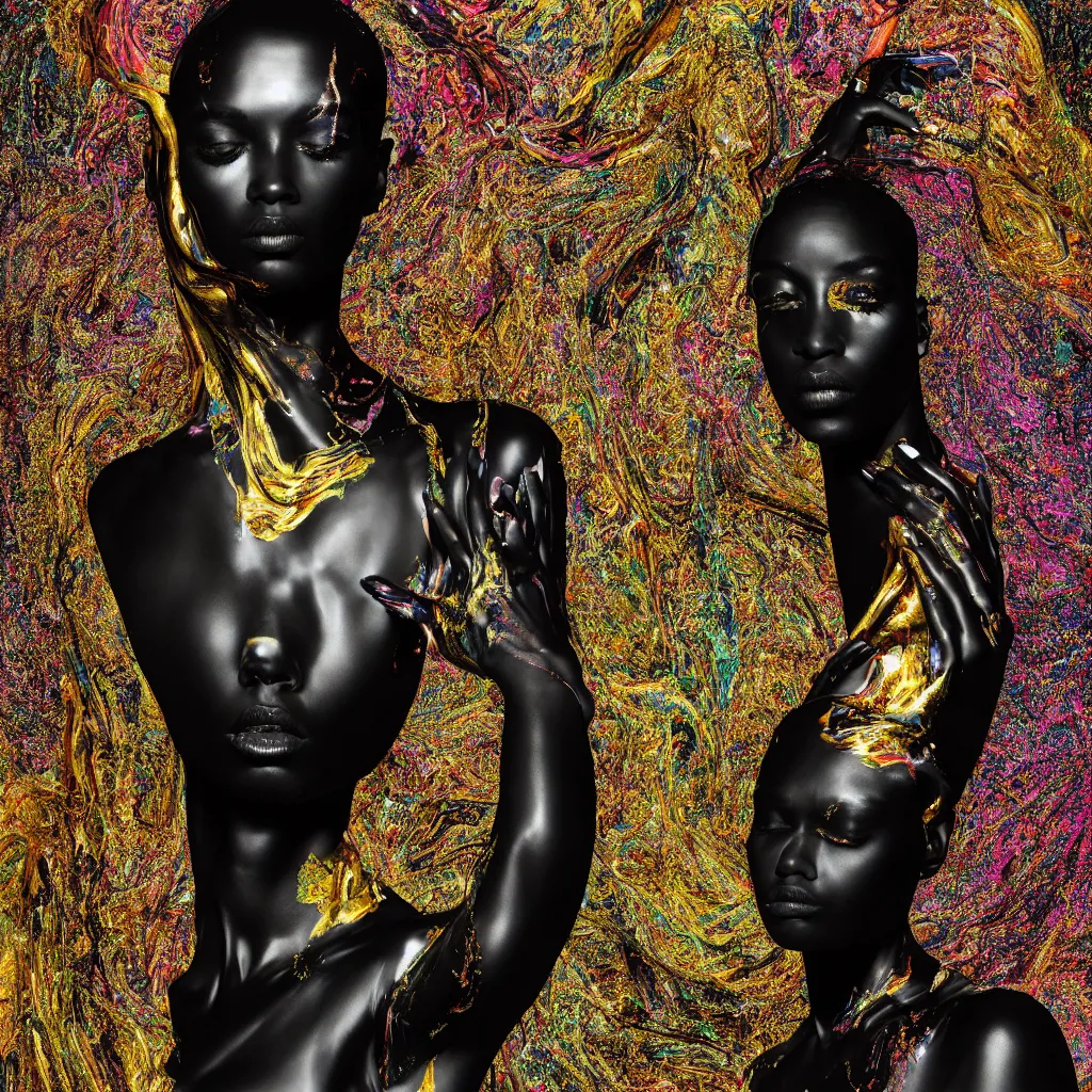 Image similar to hyperdetailed masterpiece portrait of a glossy black marble statue of a woman covered in colorful metallic liquid in the style of virgil abloh and ingrid baars, offwhite, heron prestorn, denoise, vogue, paris, fashion, louvre museum, highly detailed, realistic, hyperreal, 8 k, 4 k, render