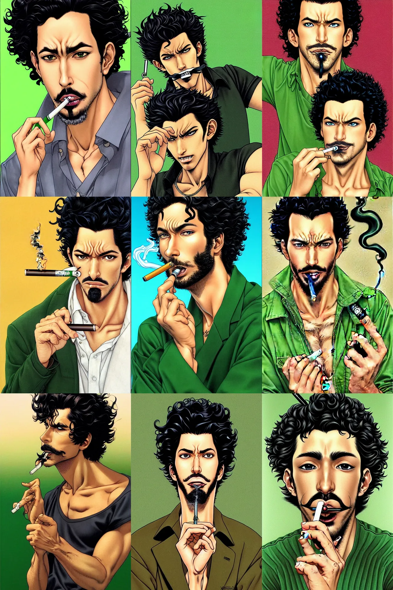 Prompt: handsome!! hyper realistic man with curly black hair, tan skin, green eyes, anchor goatee, smoking a cigarette | art by hirohiko araki & jean giraud & artgerm