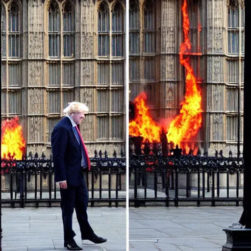 Prompt: houses of parliament on fire, boris johnson looks on laughing maniacally