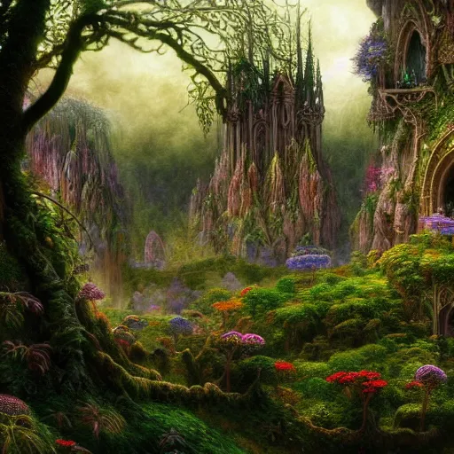 Prompt: a beautiful and highly detailed matte painting of a beautiful elven palace in a magical fantasy forest valley, psychedelic trees and plants and flowers, celtic vegetation, epic scale, insanely complex, hyperdetailed, sharp focus, hyperrealism, artstation, cgsociety, 8 k, bright colors, by caspar friedrich, albert bierstadt, james gurney, brian froud,