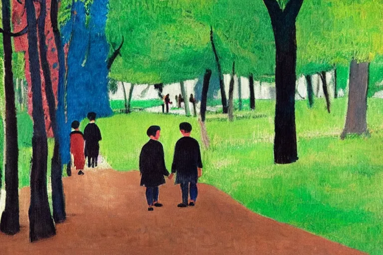 Image similar to a very tall man named John with dark hair holding the hands of a short young boy named Alex with dark hair as they walk in a park on a bright beautiful colorful day. part in the style of an edgar degas painting. part in the style of david hockney