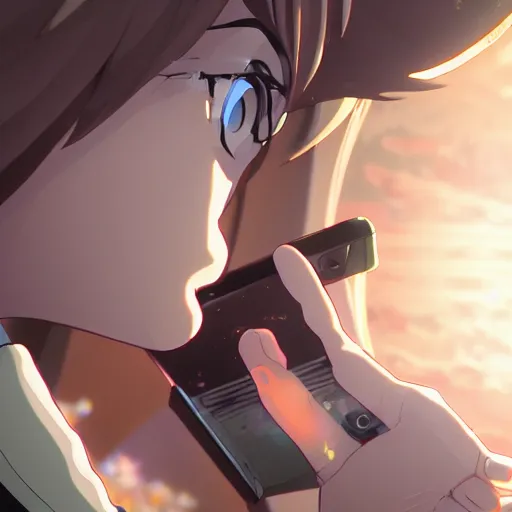 Image similar to A mixed mediart. A rip in spacetime. Did this device in his hand open a portal to another dimension or reality?! extreme close-up by Makoto Shinkai unplanned