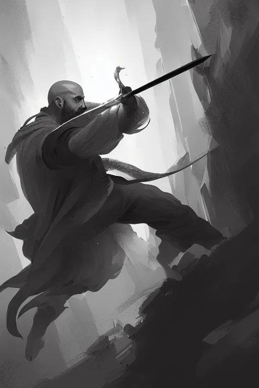 Image similar to Arab man light beard, bald, swordsman, modern, hero, black and white, highly detailed, digital painting, artstation, concept art, sharp focus, illustration, by greg rutkowski