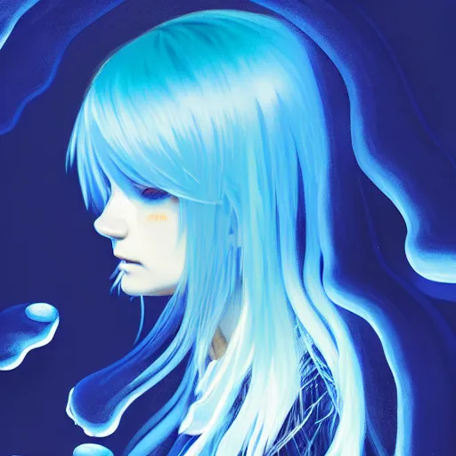 Image similar to blue slime swirling around a pensive rimuru tempest, enveloped in ghosts, sky blue straight hair, bangs, with amber eyes, black jacket, high collar, ultra fine detaile, dark theme, digital painting, psychedelic, cinematic, wlop, pixiv, ilya kuvshinov, ross tran