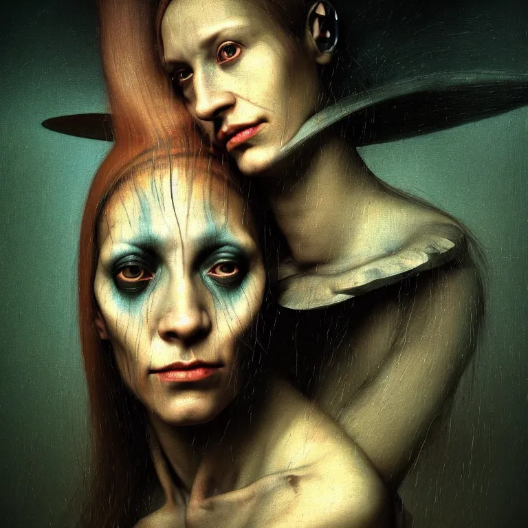 Prompt: beautiful portrait of cyborg witch by hieronymus bosch, soft grainy bloom lucid dream - like atmosphere, harsh flash photo, baroque portrait painting, perfect composition, detailed octane render trending on artstation, 8 k artistic photography, volumetric cinematic perfect light, chiaroscuro, masterpiece, raphael, caravaggio, beksinski, rutkowski, beeple