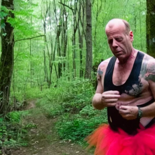 Image similar to drunk Bruce Willis wearing only a punk tutu and make up, lost in the woods, caught on a trail cam